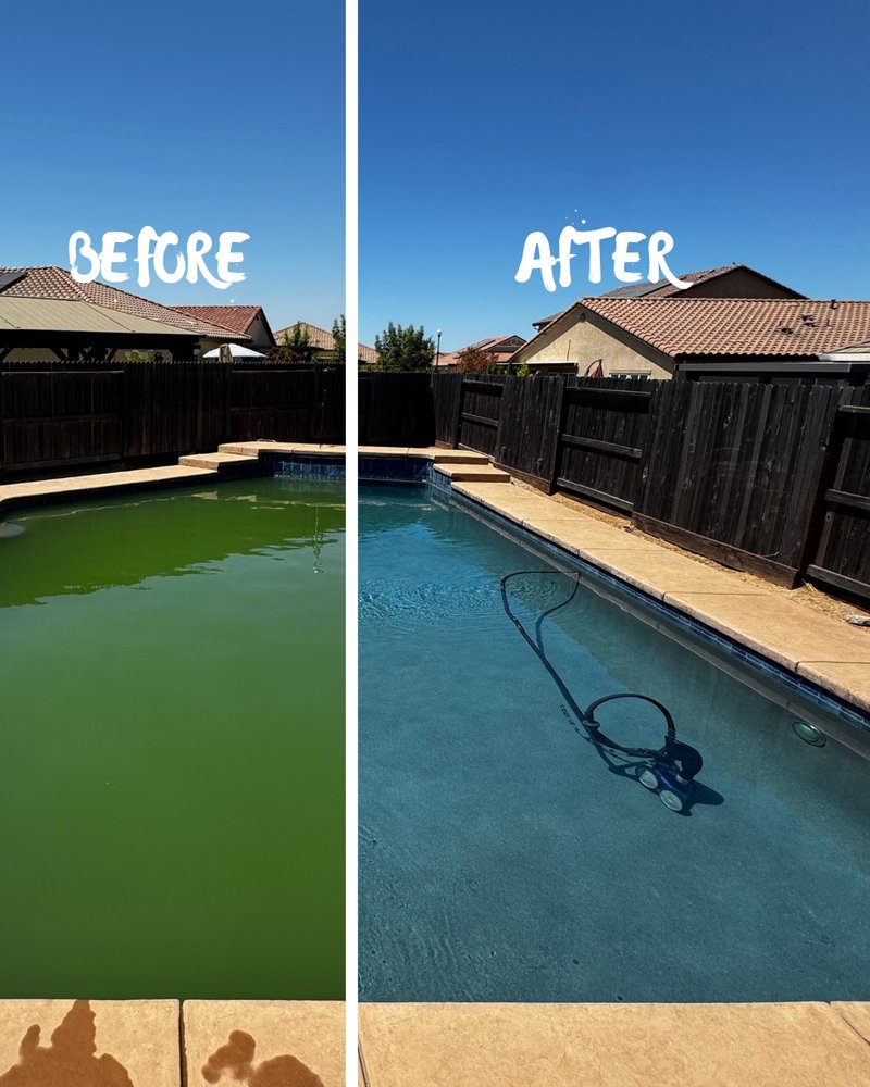 Before and after green pool cleanup by Private Oasis Pools in West Roseville - transformed from green to crystal clear